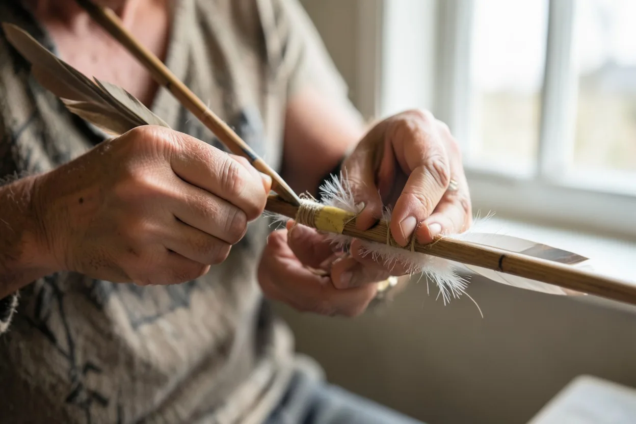 Close-up of feathers being attached to a Native American arrow shaft with sinew and glue