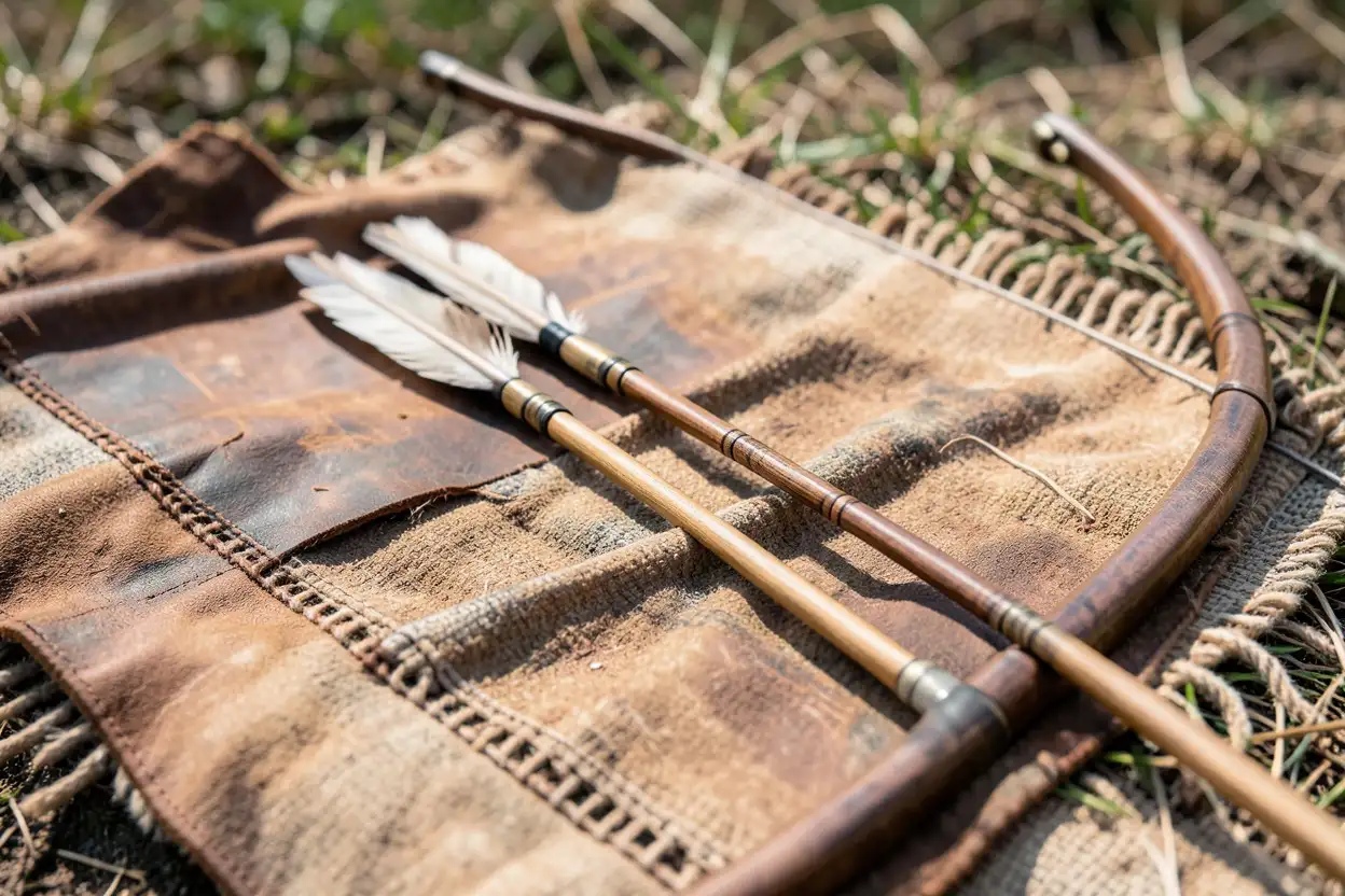 Native American arrows with feather fletching and weighted tips beside a traditional bow