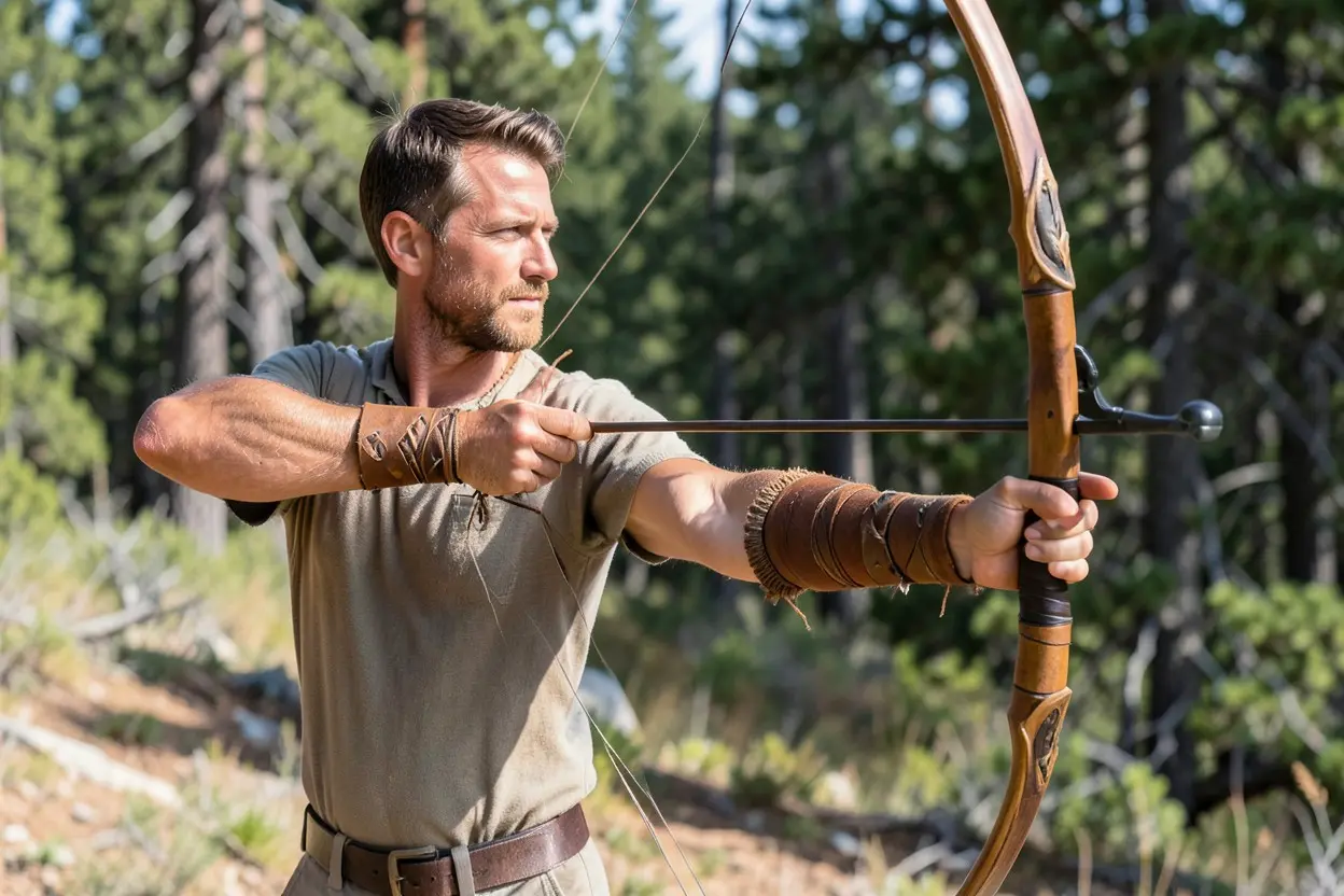 Native American bow grip demonstration on a self bow with the hand positioned for control outdoors