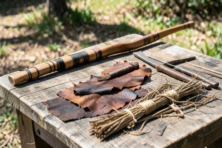 Native American bow materials laid out on wood: stave, sinew, hide, and plant fibers
