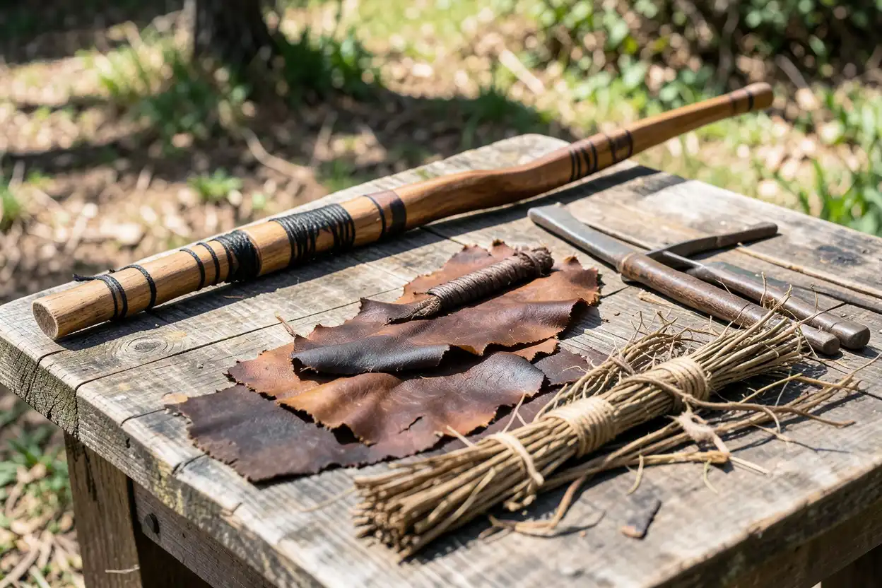 Native American bow materials laid out on wood: stave, sinew, hide, and plant fibers