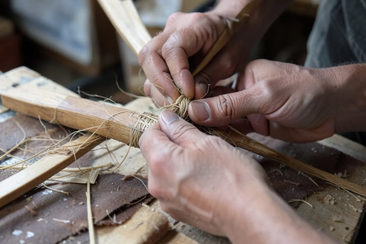 Close-up of sinew being wrapped onto a wooden bow limb with fiber and hide nearby