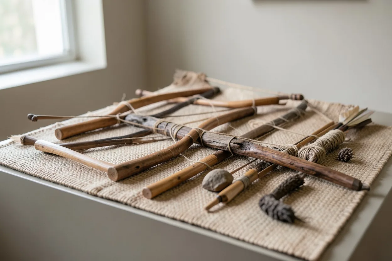 Several Native American bows displayed with wood, sinew, and arrows on a woven blanket