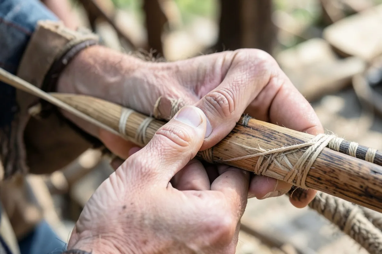 Close-up of a Native American bow limb with sinew backing and carved wood grain
