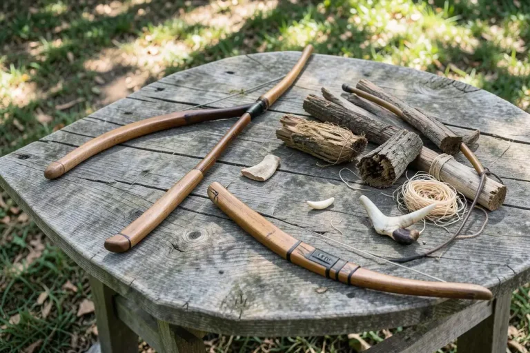 Native American bow types laid out with self bow, flatbow, and composite bow materials