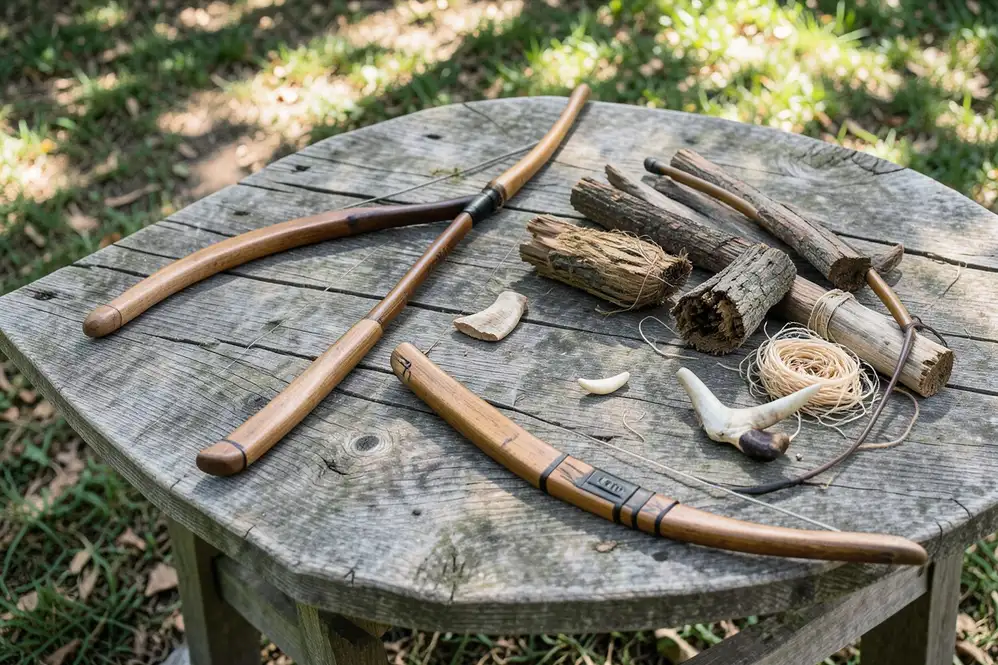 Native American bow types laid out with self bow, flatbow, and composite bow materials