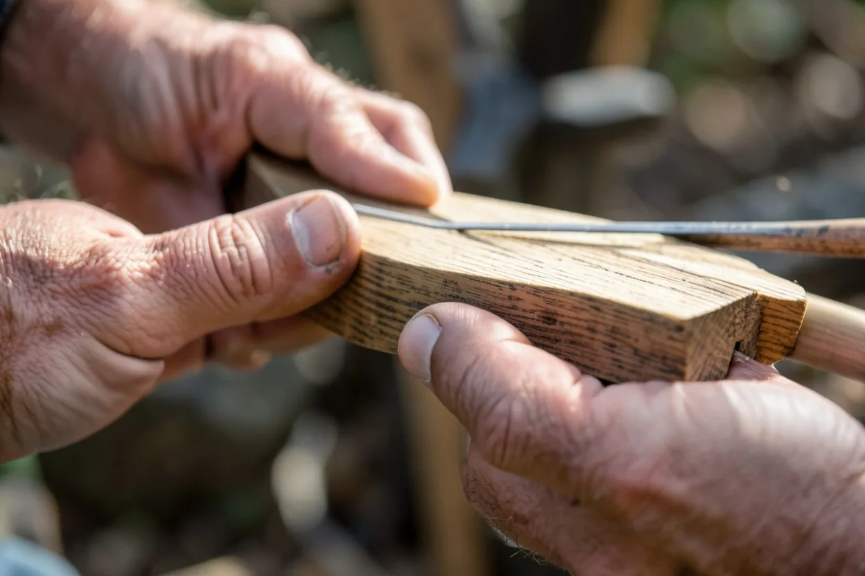 Close-up of hands shaping a flatbow stave from wood with traditional tools