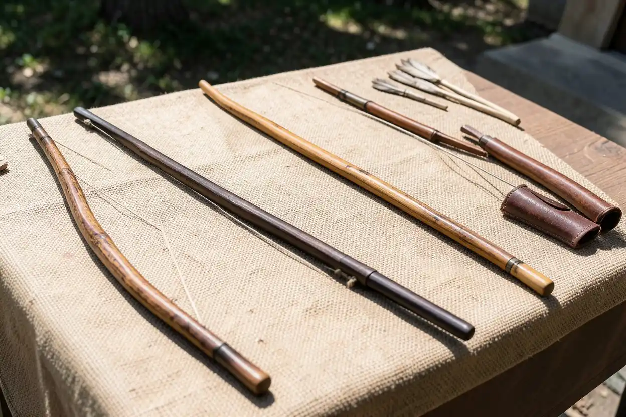Native American bow and European longbow displayed side by side in natural light