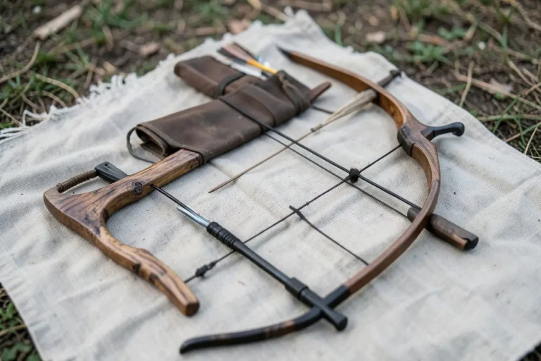 Native American bow and modern recurve bow laid side by side on cloth outdoors.