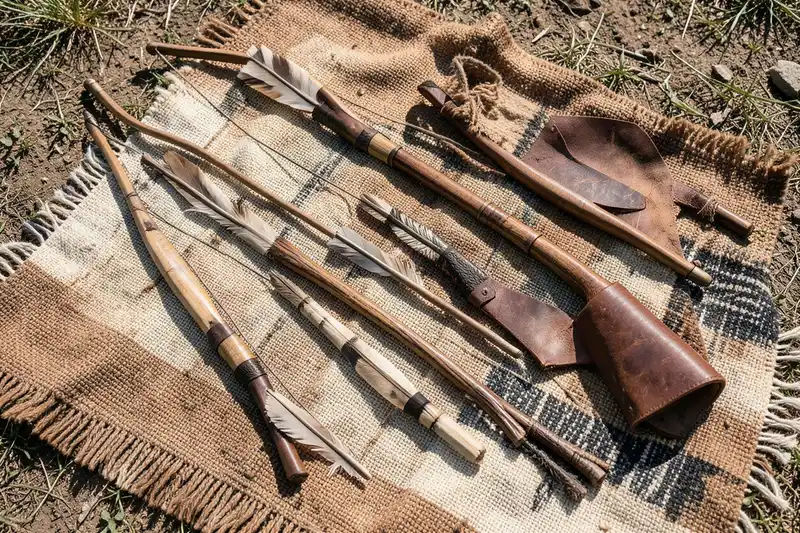 Native American bows and arrows laid out with a quiver on a woven blanket