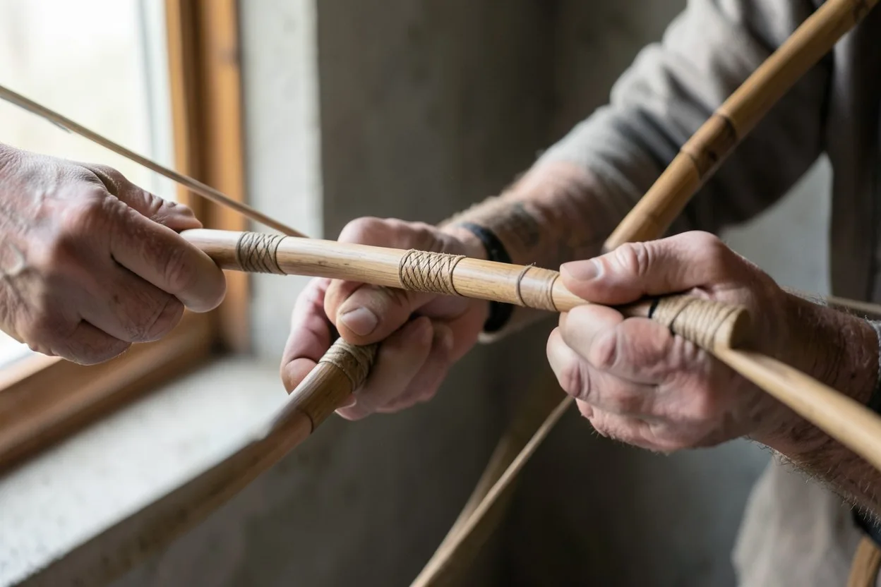 Close-up of hands examining a wooden arrow shaft and sinew-bound bow grip