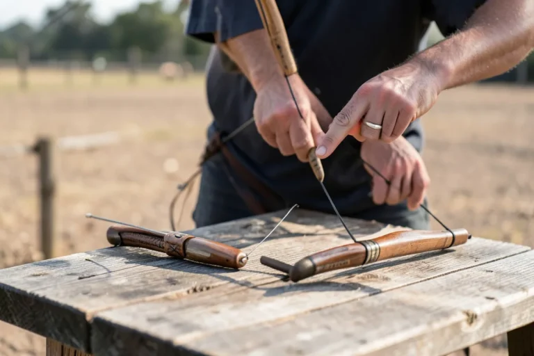 A beginner archer studies two Native American style bows on a wooden table with a coach pointing at the grip.