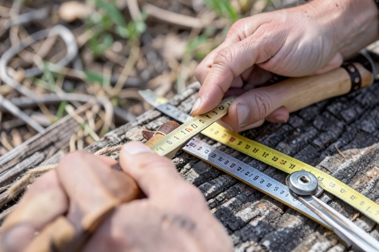 Close-up of a hand measuring a Native American style bow grip with a tape measure.