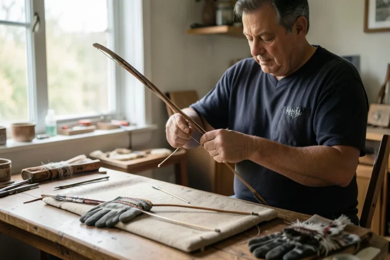 Adult carefully stringing a Native American style bow at a wooden table in natural light