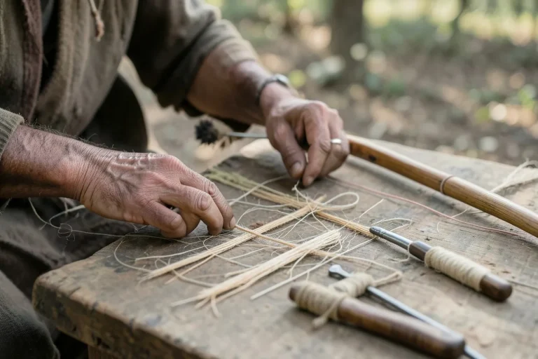 Traditional Native American bowstring materials laid out beside a wooden bow and crafting tools.