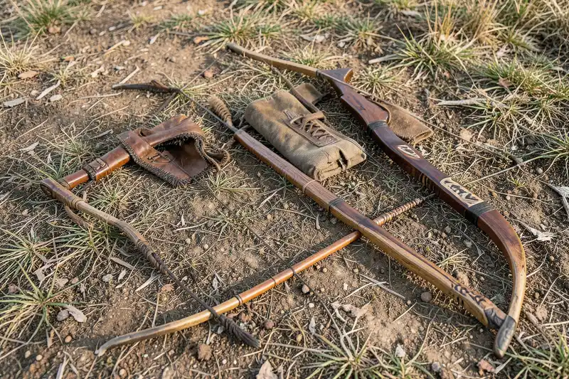 Native American-style short and long bows displayed side by side outdoors with traditional hunting gear