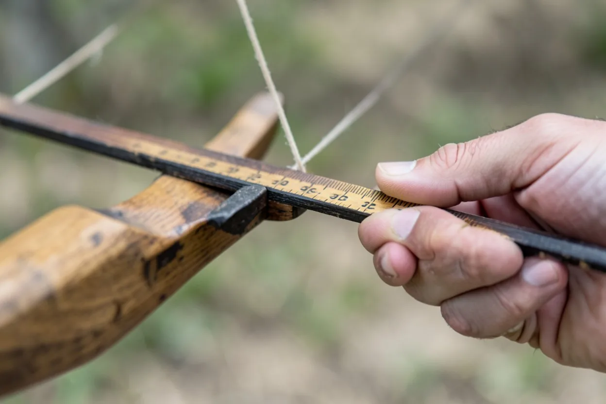 Hand measuring draw length on a traditional wooden bow