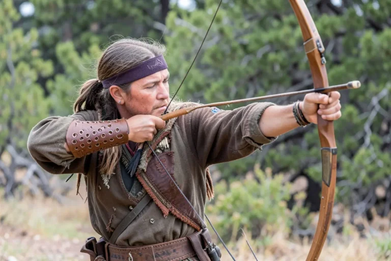 Native American archer wearing a leather forearm guard while drawing a bow outdoors