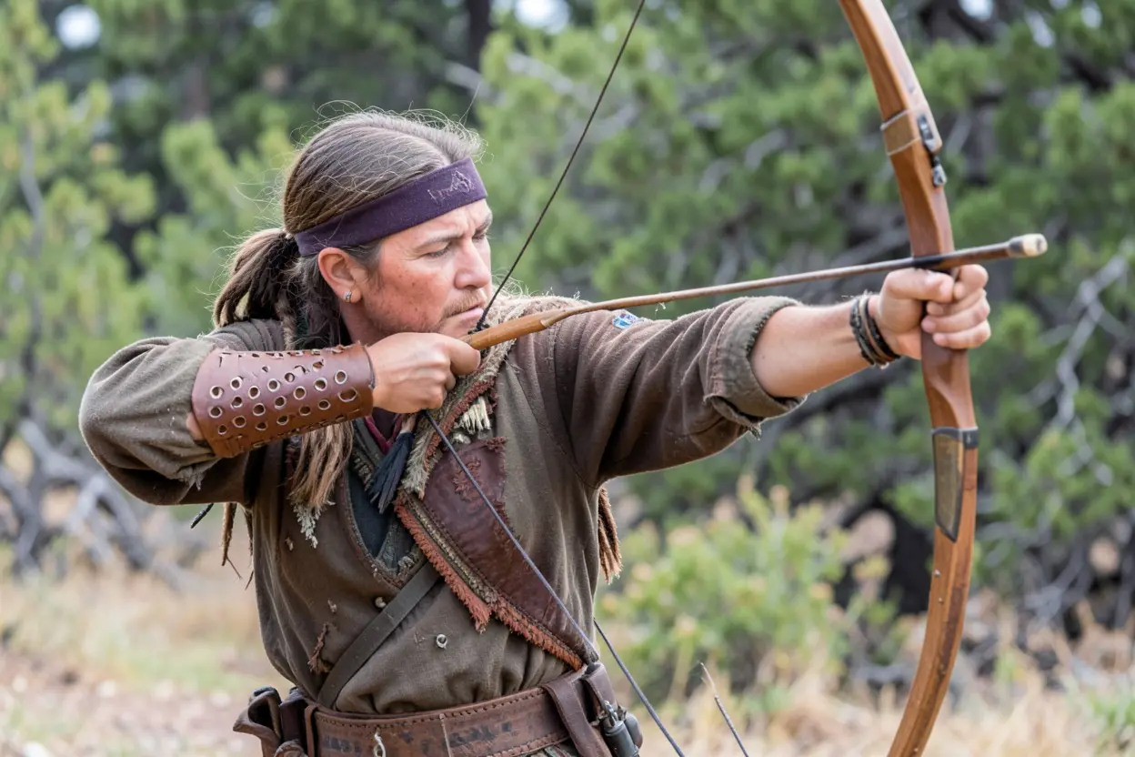 Native American archer wearing a leather forearm guard while drawing a bow outdoors