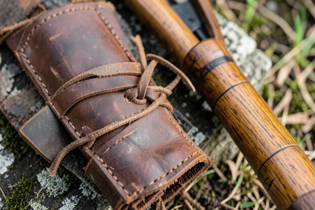 Close-up of a leather arm guard with ties beside a bow and arrow shaft