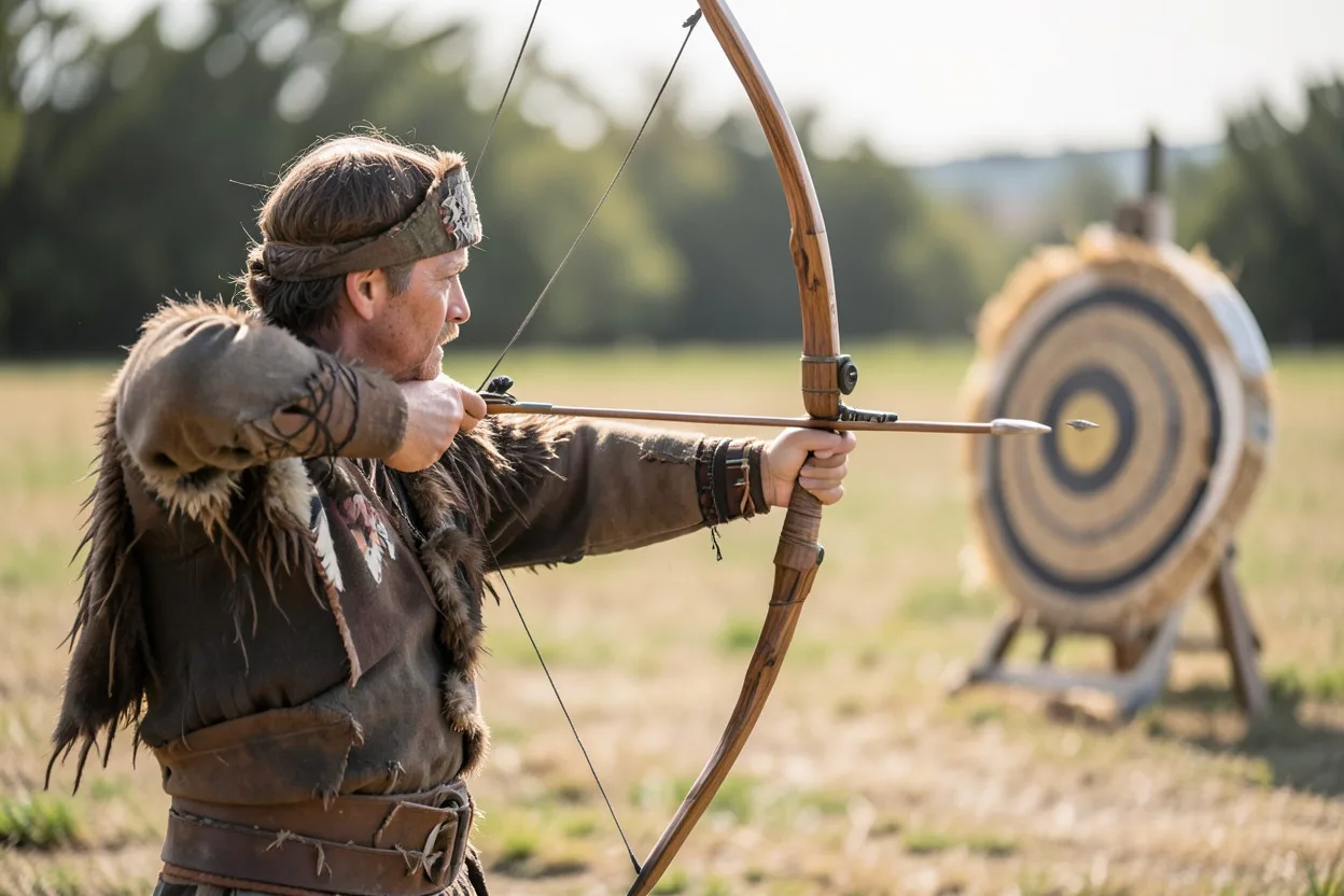 An archer aiming a Native American style bow at a target on an outdoor range.
