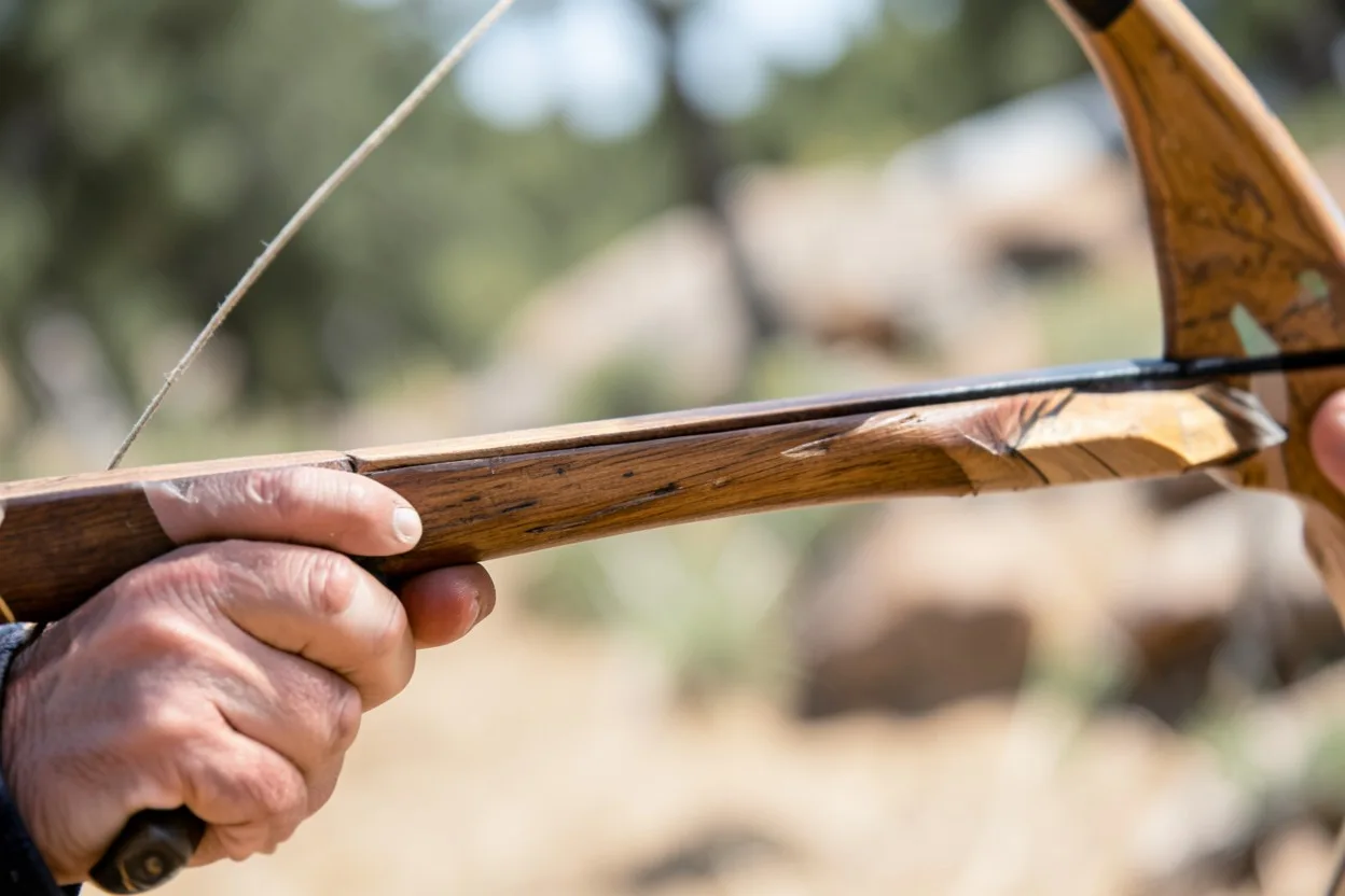 Close-up of a Native American style bow with a nocked wooden arrow ready to shoot.