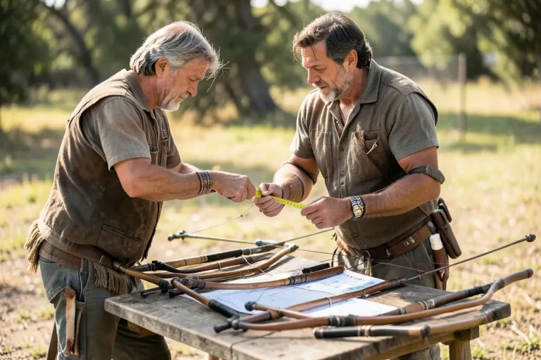 Archer comparing Native American-style bows with a tape measure and draw chart outdoors