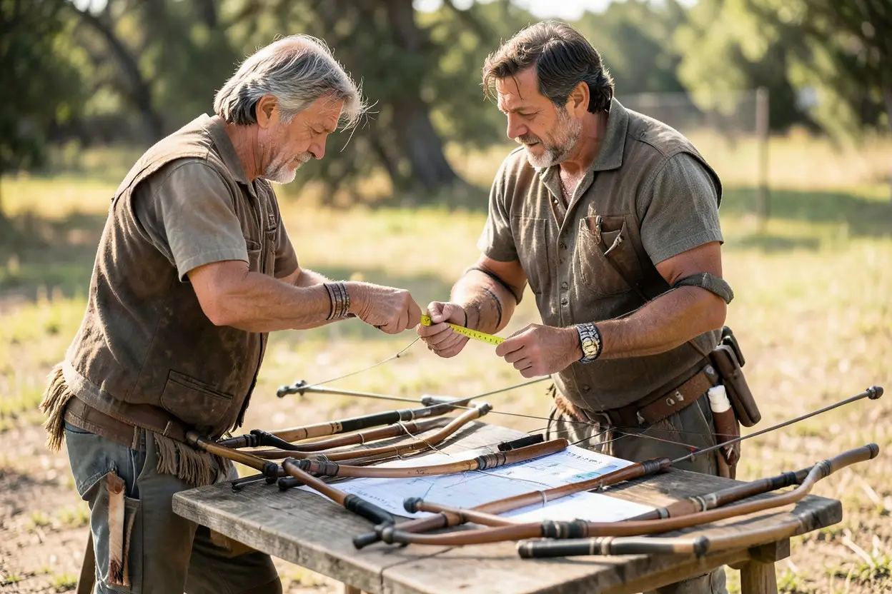 Archer comparing Native American-style bows with a tape measure and draw chart outdoors