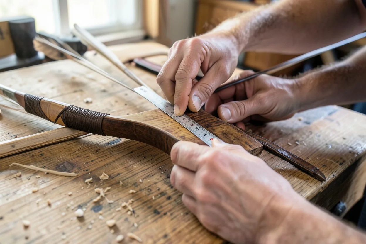 Hands measuring a Native American-style bow on a workbench in natural light