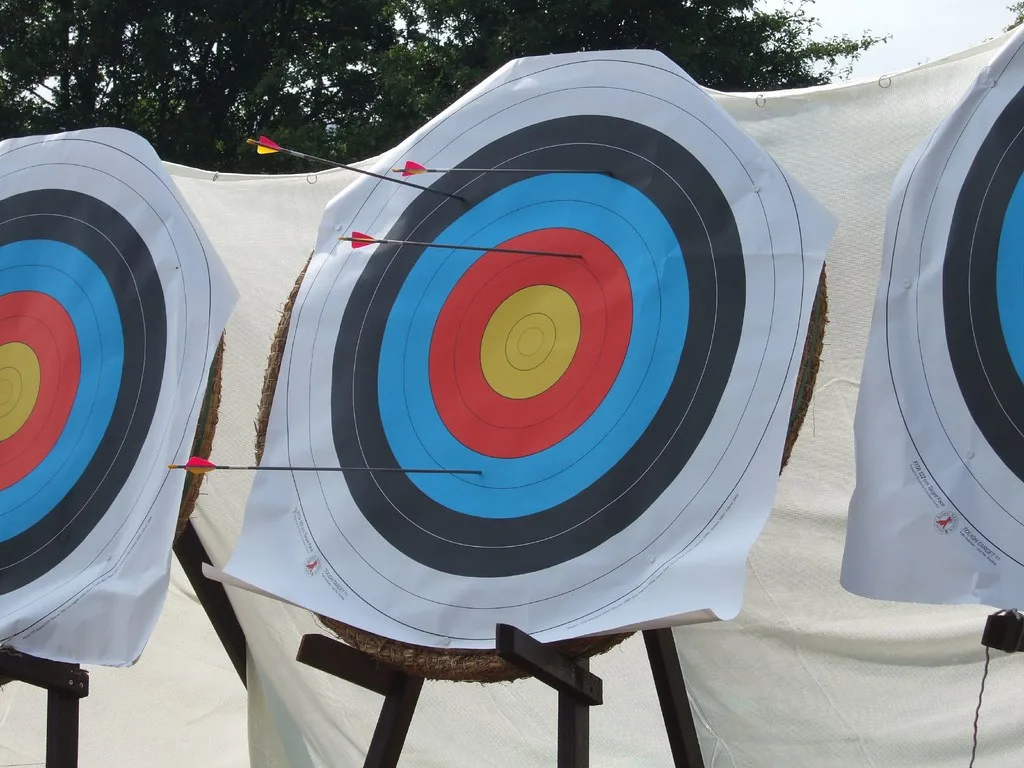 Tightly grouped arrows in a target with a broadhead arrow nearby