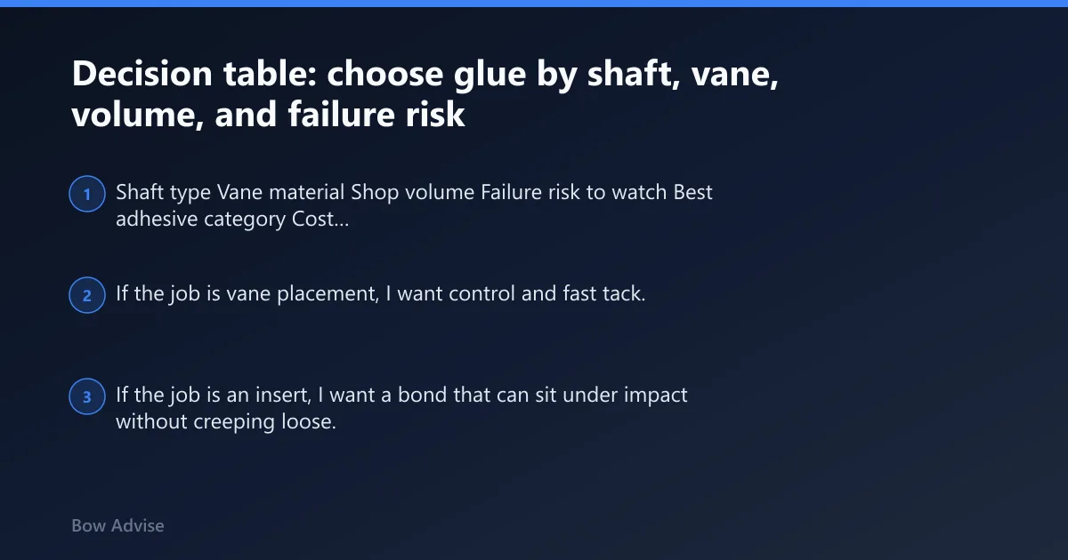 Steps: Decision table: choose glue by shaft, vane, volume, and failure risk