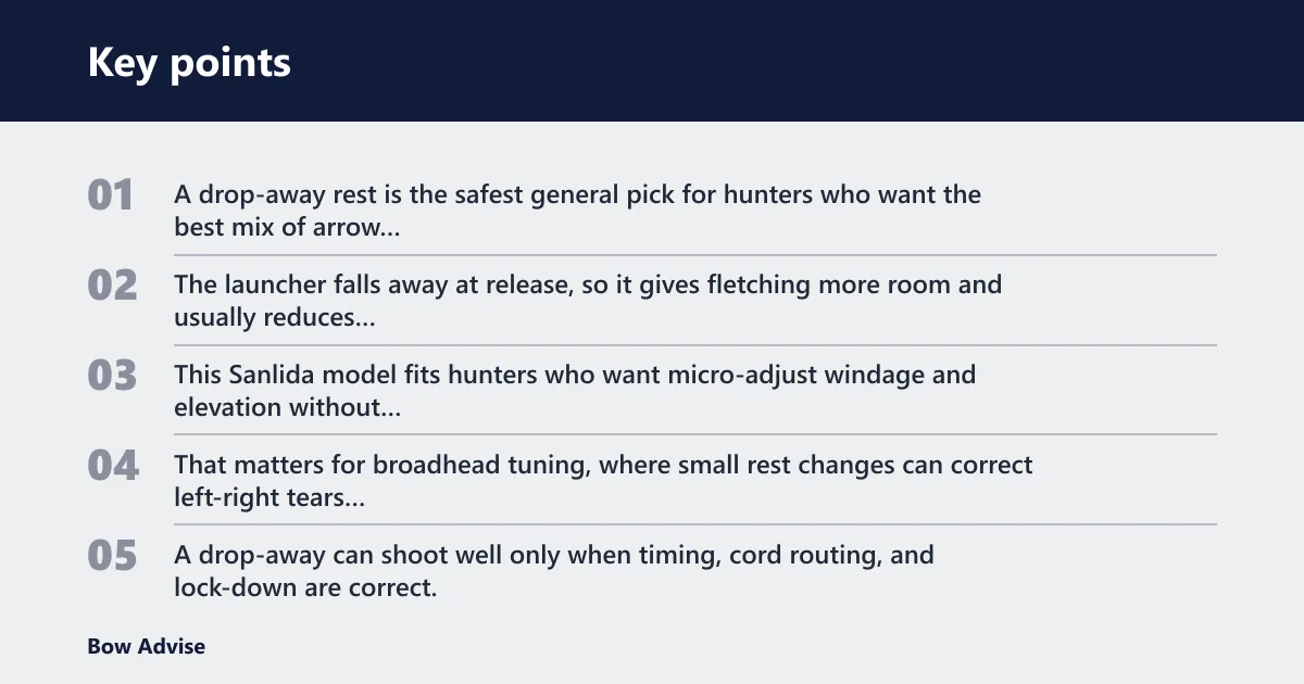 Key points: Drop-away rest: best for hunting accuracy