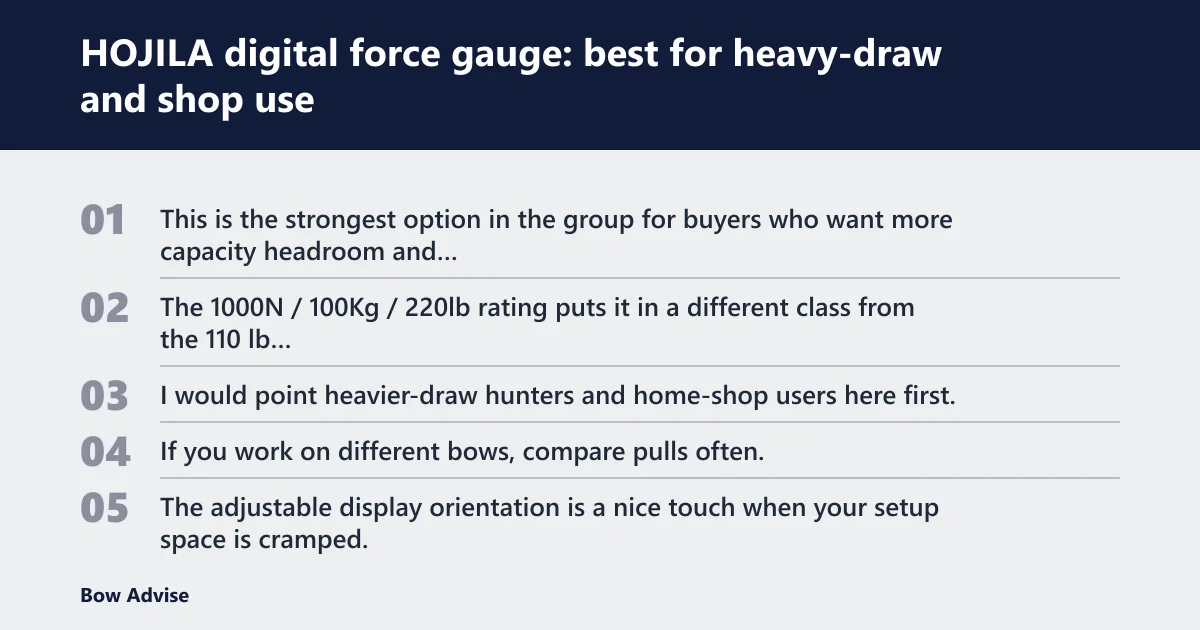 Steps: HOJILA digital force gauge: best for heavy-draw and shop use