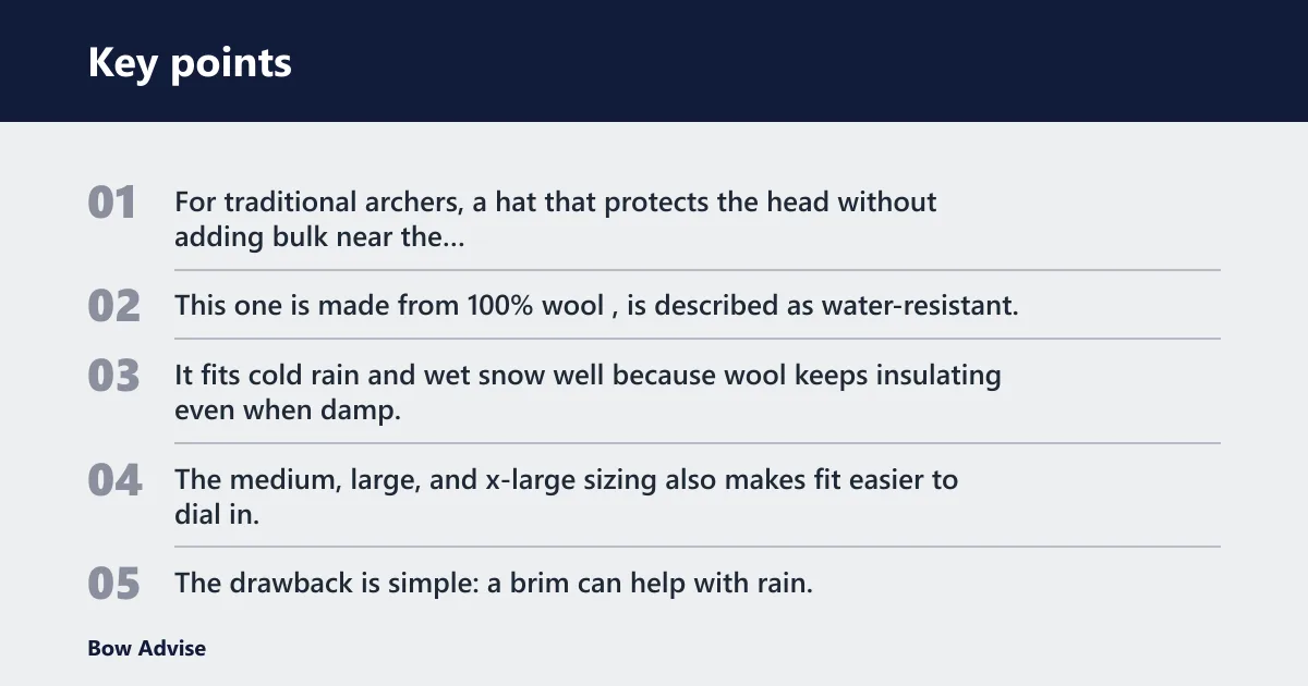 Key points: Traditional archer's wool hat: best for cold wet head cover