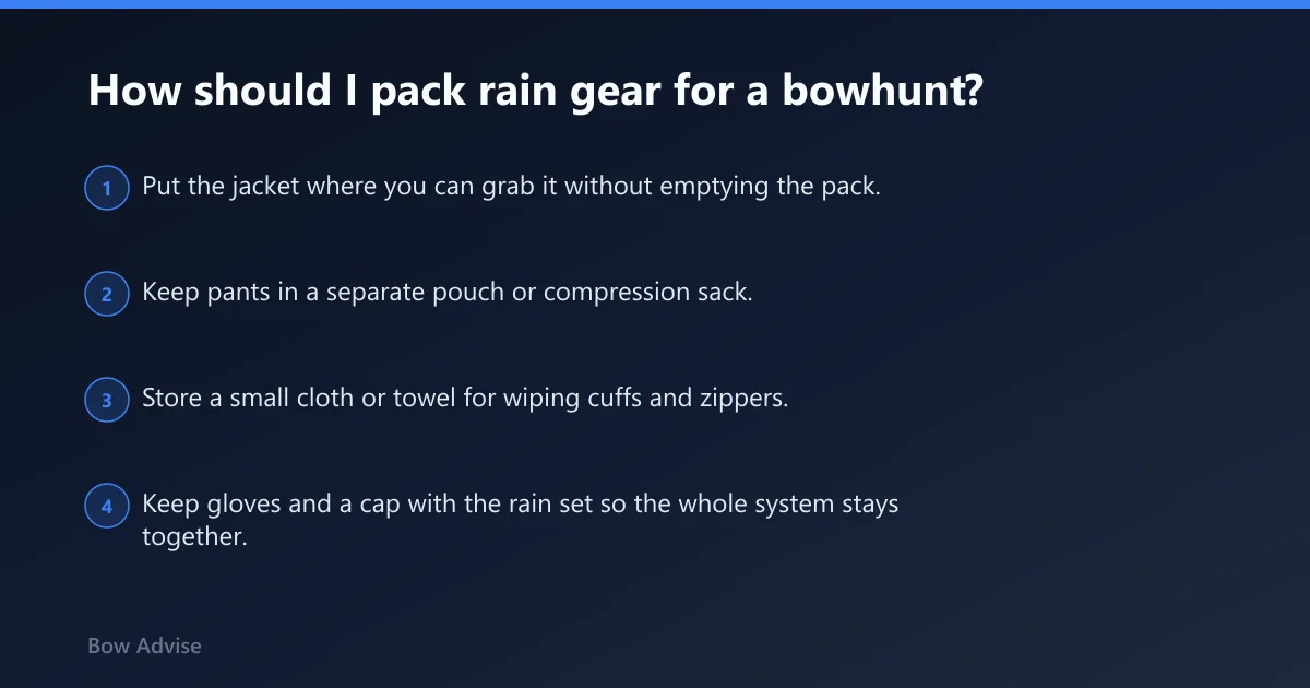 Steps: How should I pack rain gear for a bowhunt?
