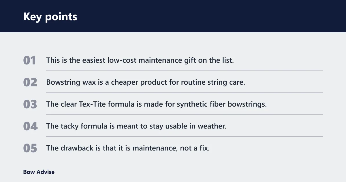 Key points: Bowstring wax: best for routine upkeep