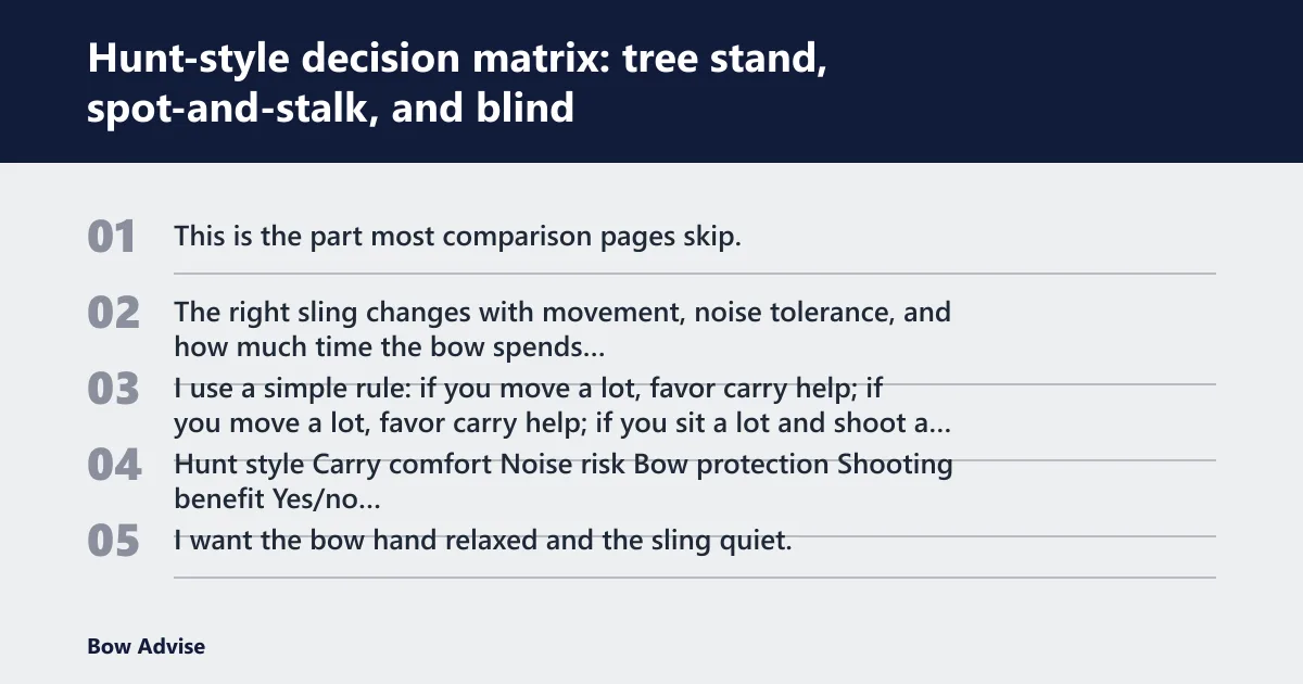 Steps: Hunt-style decision matrix: tree stand, spot-and-stalk, and blind