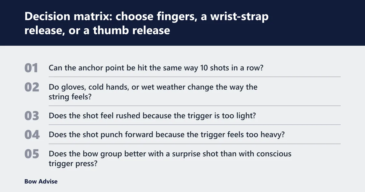 Steps: Decision matrix: choose fingers, a wrist-strap release, or a thumb release