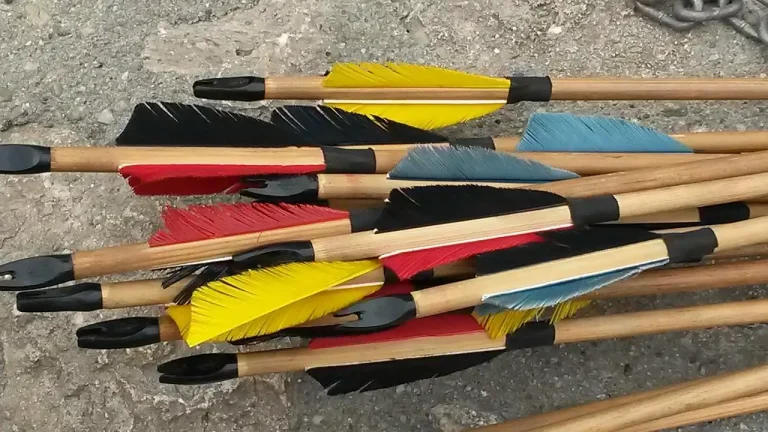 Archer comparing an arrow with vanes and an arrow with feathers at an outdoor range