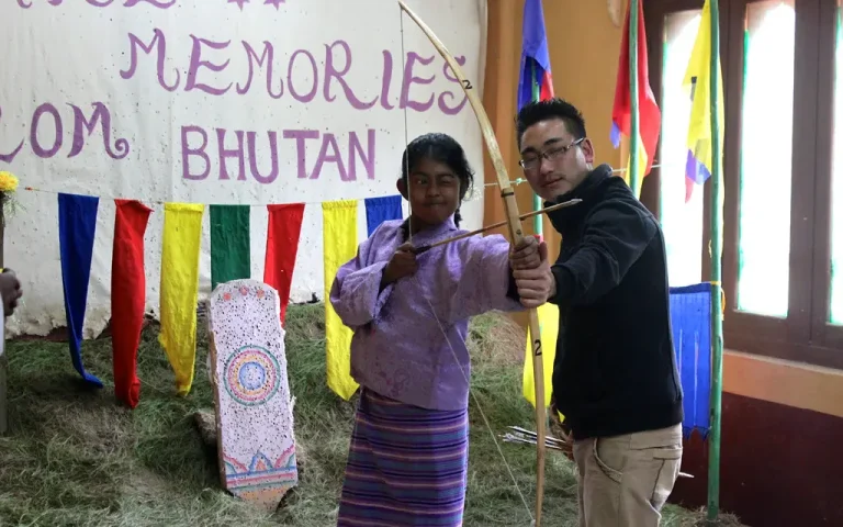Beginner archer at an outdoor range drawing a recurve bow while a coach checks form