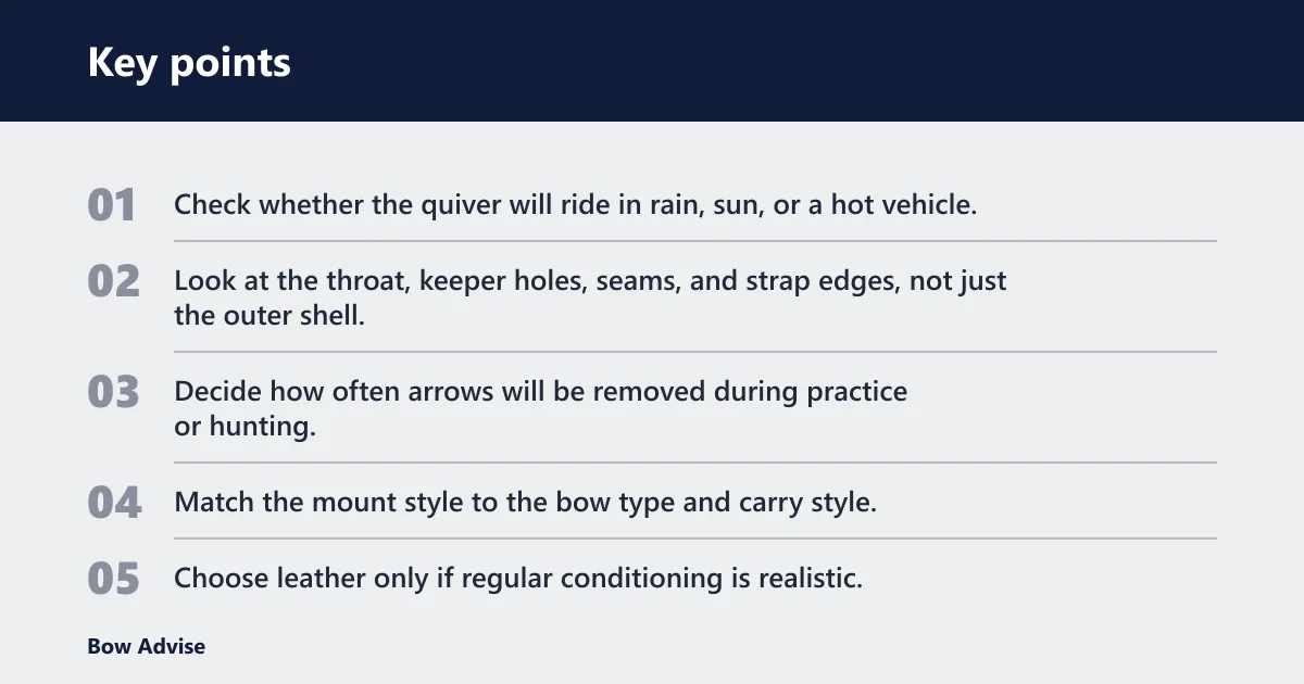 Key points: Choose Leather archery quivers if… / Choose nylon if…