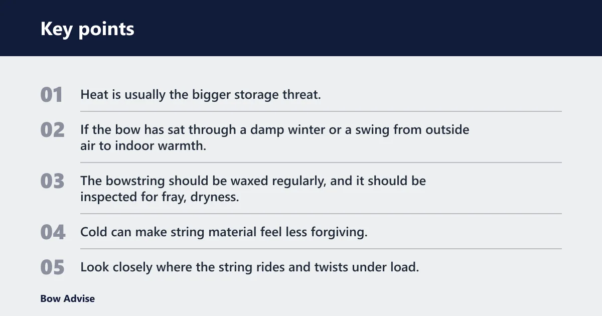 Key points: Cold garage effects on strings, cables, limbs, and cams