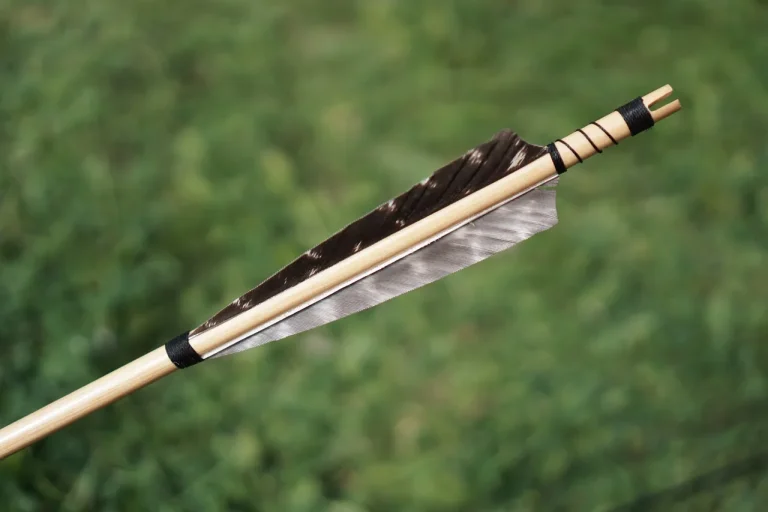 An archer compares a new compound bow and a used compound bow on a shop counter.