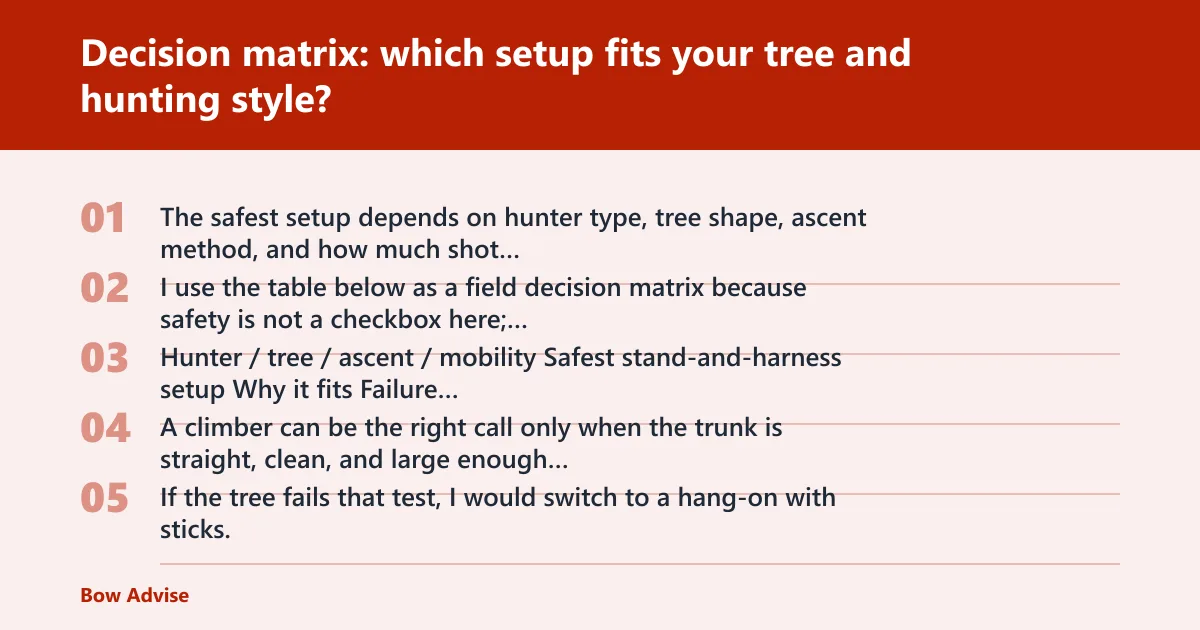 Steps: Decision matrix: which setup fits your tree and hunting style?
