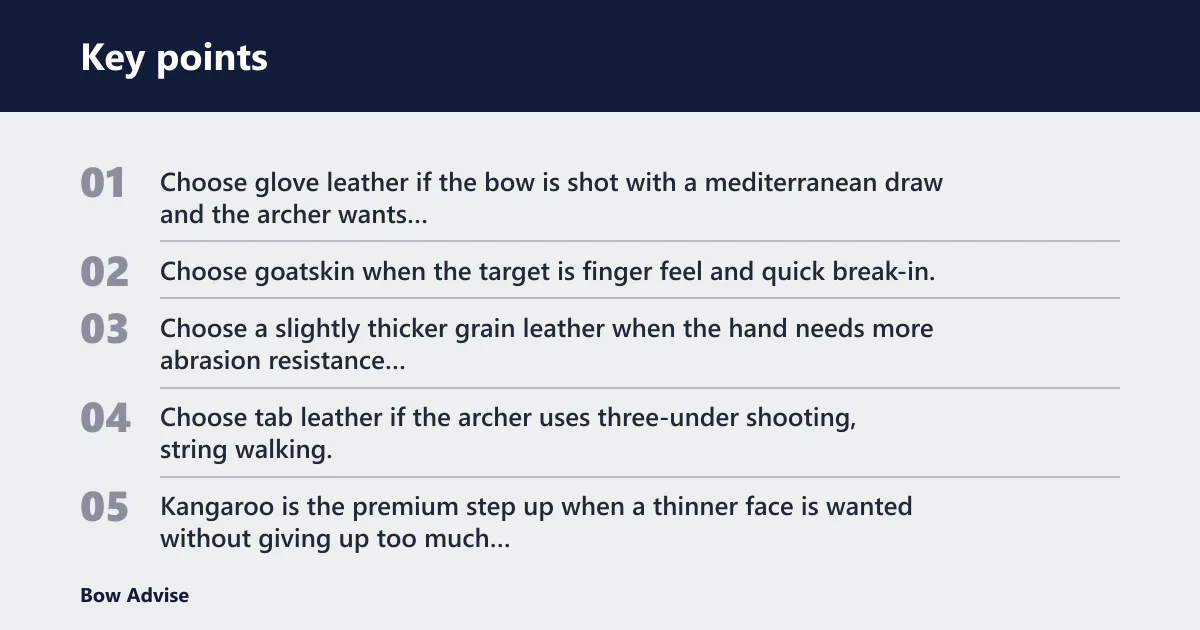 Key points: Choose glove leather if… / Choose tab leather if…
